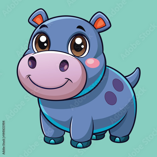 A charming cartoon hippo with large expressive eyes and a bright smile stands against a soft green backdrop, making it perfect for children's media and educational materials.
