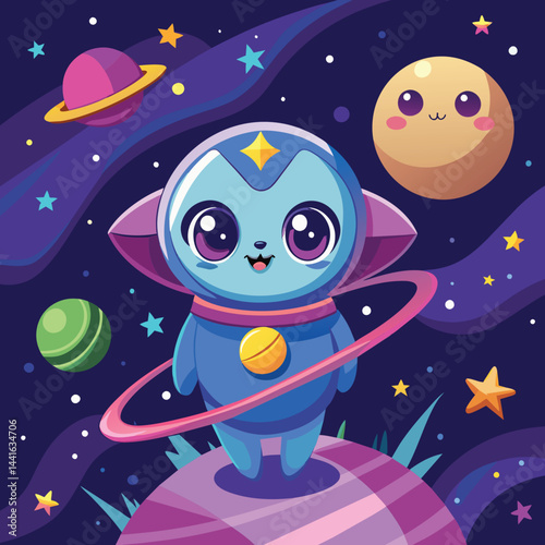 A cheerful alien character in a blue outfit stands proudly on a colorful planet. Bright stars and distant planets create a whimsical cosmic atmosphere, adding to the enchanting scene.