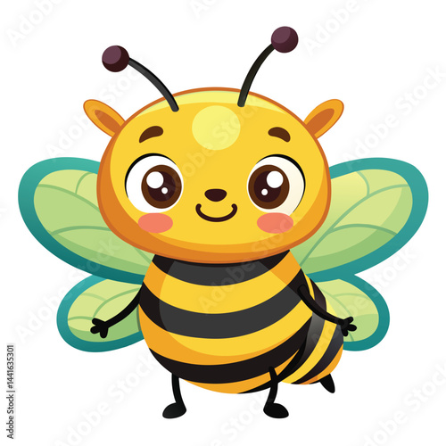 A cheerful cartoon bee with large, expressive eyes and a bright yellow body showcases its playful character while fluttering its vibrant blue wings.