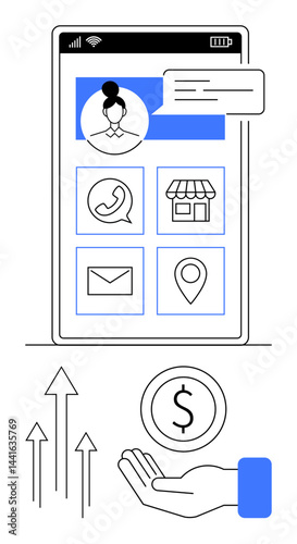 Smartphone screen displaying user profile, messaging alert, communication icons, maps, and a hand with a coin representing financial growth. Ideal for communication, user profile, business app