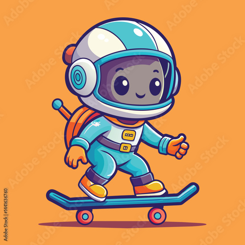 A charming character wearing an astronaut helmet and colorful outfit is skateboarding cheerfully against a playful purple backdrop, spreading joy and adventure.