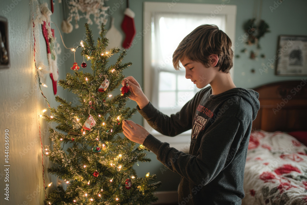 Boy decorating a Christmas tree.