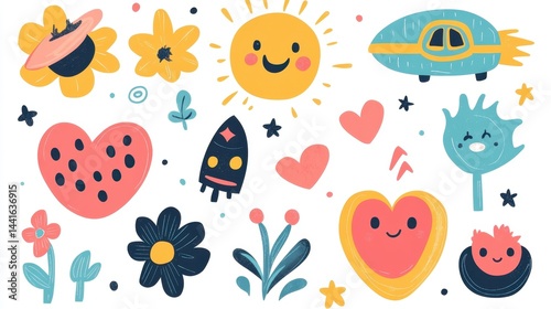 Colorful children's doodles of smiling sun, hearts, flowers, and whimsical shapes on a white background.