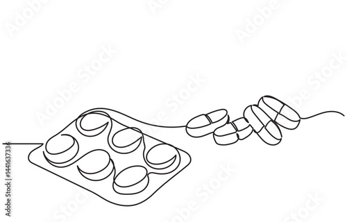 Continuous line drawing of medicine.Isometric single-line drawing of capsules and pills, including painkillers, antibiotics, vitamins, and aspirin in a modern minimal style.