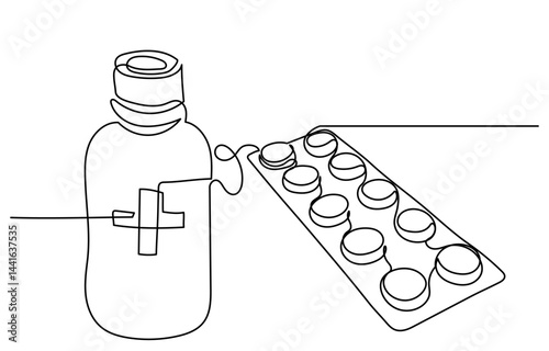 Continuous line drawing of medicine.Isometric single-line drawing of capsules and pills, including painkillers, antibiotics, vitamins, and aspirin in a modern minimal style.