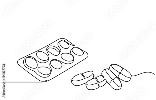 Continuous line drawing of medicine.Isometric single-line drawing of capsules and pills, including painkillers, antibiotics, vitamins, and aspirin in a modern minimal style.