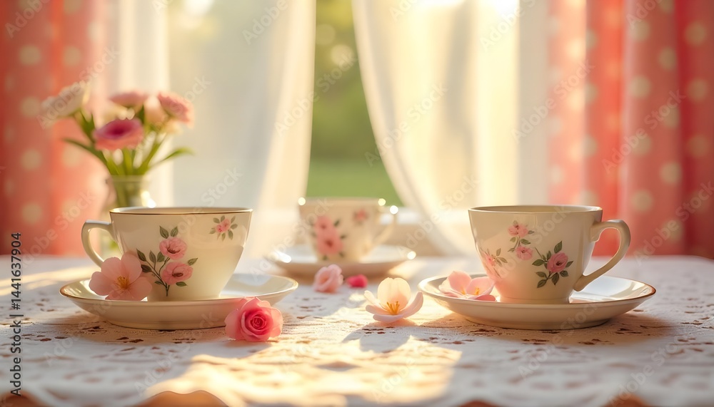 Floral Teacups with Roses on Table Floral Teacups with Roses on Table