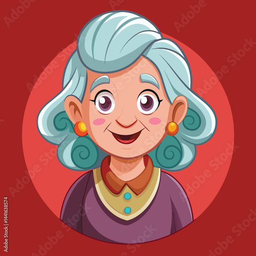 An elderly woman with curly gray hair and a bow looks joyful and smiles widely. She is dressed in a green top with a gold necklace, radiating warmth and happiness.