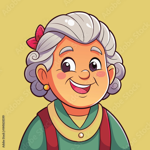 An animated elderly woman with gray hair and a warm smile, dressed in a red jacket, looks joyfully at the viewer against a soft green backdrop.