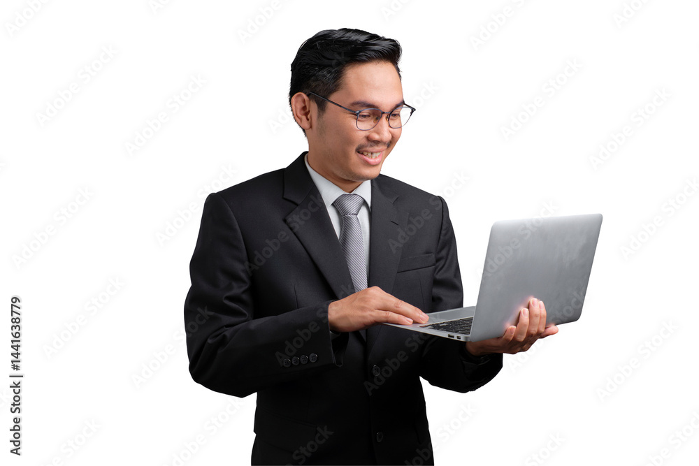 Smiling Asian businessman in suit holding and using laptop, isolated on transparent background Smiling Asian businessman in suit holding and using laptop, isolated on transparent background