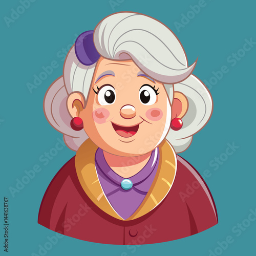 A cheerful cartoon elderly woman with curly gray hair and a pink bow, wearing a green sweater over a white blouse, smiles warmly against a pastel-colored background.