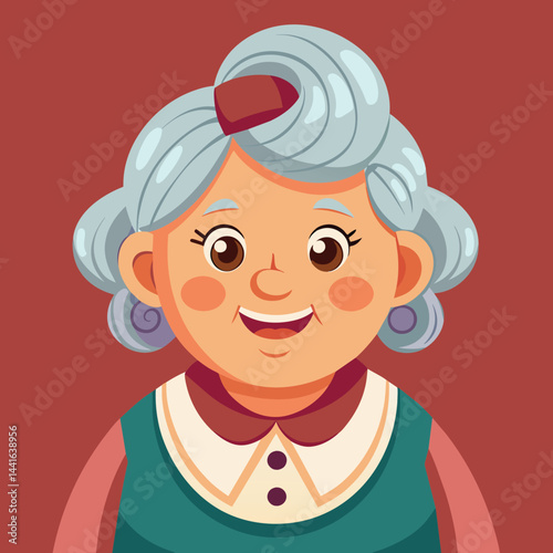 An elderly woman with curly blue hair beams with joy while wearing earrings and a necklace. The vibrant purple background enhances her cheerful expression and playful character design.