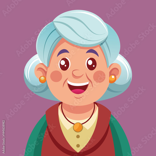 A happy elderly woman with gray hair styled in a bun wears a green coat and a red hair ribbon, conveying warmth and friendliness in her expression.