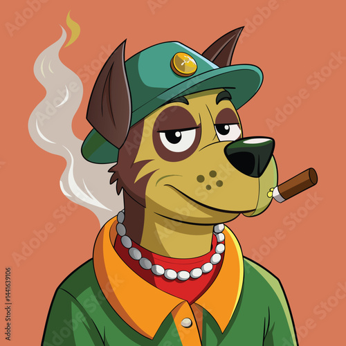 A lively cartoon dog character wearing a green shirt and sport watch sits comfortably, smoking a cigarette with a playful smile, set against a vibrant teal background.