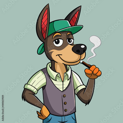 A relaxed cartoon dog character displays a confident attitude, sporting a bright outfit and a cap while puffing on a cigar, set against a plain backdrop.