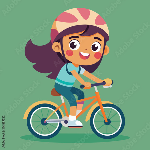 A young girl happily pedals her bright bicycle with a helmet on, showcasing her excitement in a lively and colorful environment that encourages fun and adventure.
