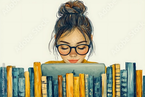 Woman studying behind a stack of books