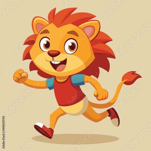 A playful cartoon lion wearing a blue sweater and shorts runs energetically, displaying a joyful expression that captures the spirit of adventure and fun.