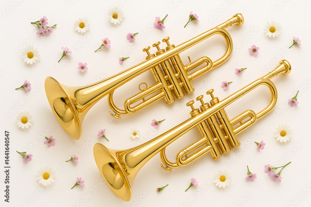 Obraz premium Two golden trumpets decorated with small white and pink flowers on light background, musical instruments, creative flat lay, elegant brass horns, music and celebration concept 