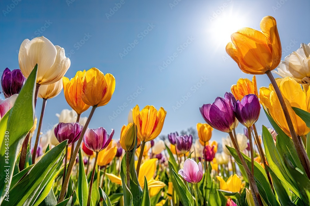 Fototapeta premium Vibrant tulips against a bright sky