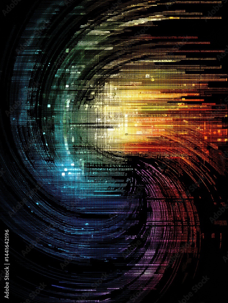 Code Strings Form a Mesmerizing Spiral Vortex With Vibrant Colors and Dynamic Patterns in an Abstract Programming Background