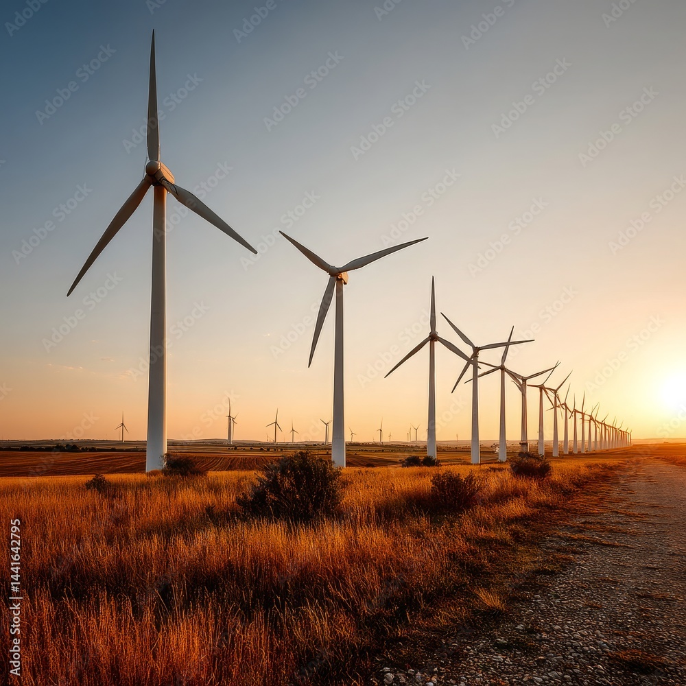 Obraz premium Golden Hour at Wind Farm: Captivating Landscape of Turbines Against Soft Warm Light and Expansive Horizon in a Peaceful Rural Setting