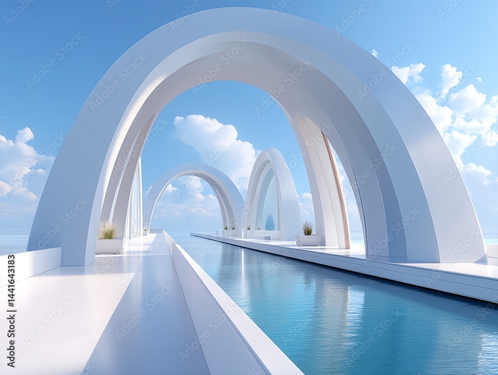 Fototapeta premium Futuristic white arch bridge over water in a cinematic setting