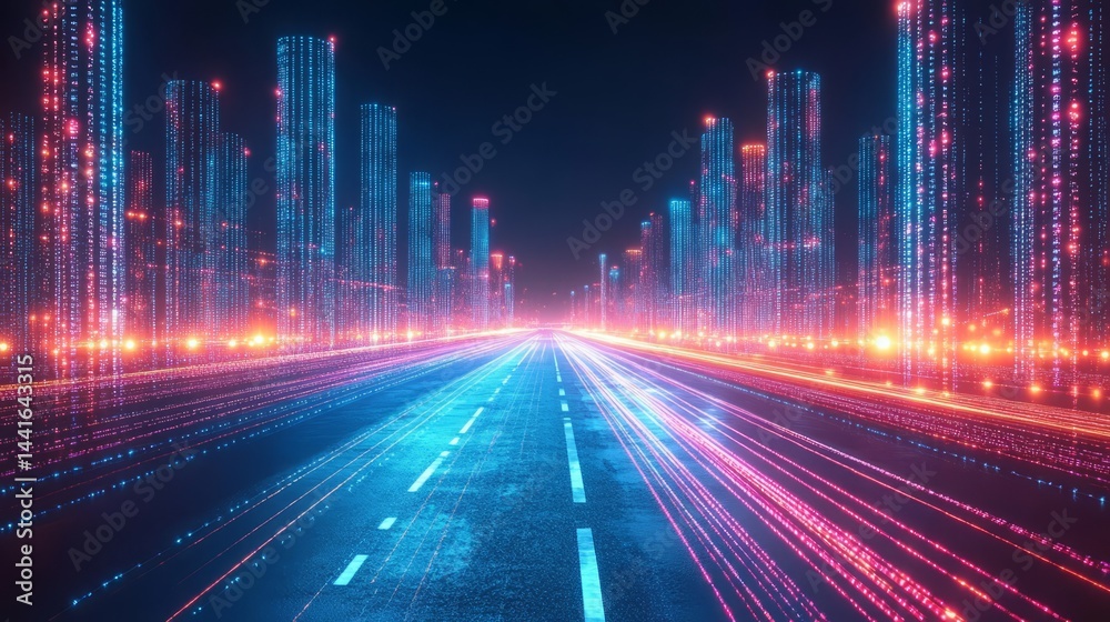 Cyber City Highway: An artistic illustration depicting a futuristic city highway, with digital data streams transforming the cityscape and the road. Cyber City Highway: An artistic illustration depicting a futuristic city highway, with digital data streams transforming the cityscape and the road.