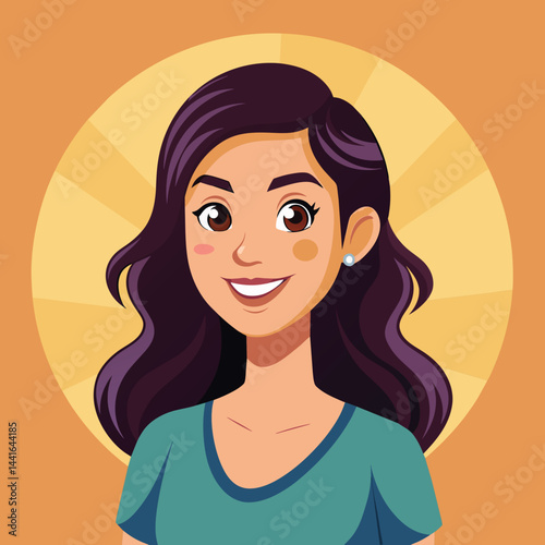 A young woman with long, dark hair smiles brightly, displaying a positive demeanor. She wears a teal top that compliments her lively expression against a warm orange backdrop.