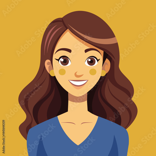 A cheerful young woman with long, wavy brown hair smiles warmly. She wears a casual top and has bright, engaging eyes against a soft green backdrop.