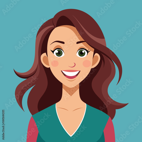 The young woman displays a warm smile, showcasing her friendly demeanor. She has long dark hair and is dressed in a stylish red top, set against a bold red backdrop.
