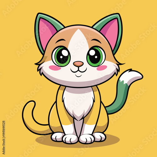 A cheerful grey cat with bright orange eyes and a sweet smile sits in a relaxed position, surrounded by a soft yellow background that enhances its adorable features.