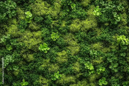 Detailed texture of a green wall garden with mosses, plants and ground covers