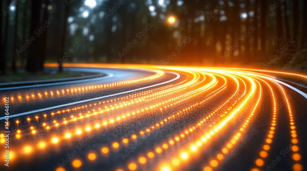 Fototapeta premium Night Road Lights Trails: Abstract light trails illuminate a winding road through a dark forest at night, creating a dynamic and captivating scene.