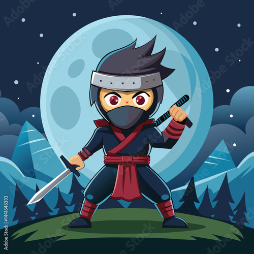 The cartoon ninja, dressed in traditional attire with a mask and headband, prepares for a confrontation under a luminous full moon, highlighting his vigilant stance.