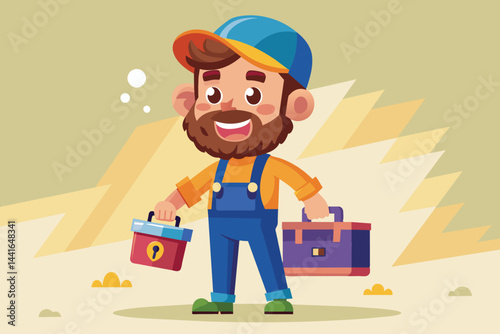 A joyful male character with a beard wears blue overalls and a cap, holding a red toolbox and a blue toolbox while smiling in a sunny, cartoon-like environment.