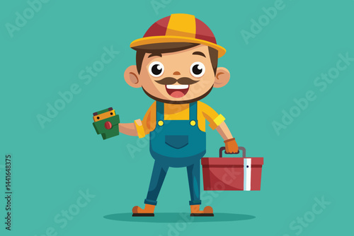 A young carpenter stands proudly with a toolbox and a handheld tool, wearing colorful overalls and a cap, showcasing his profession in an engaging manner.