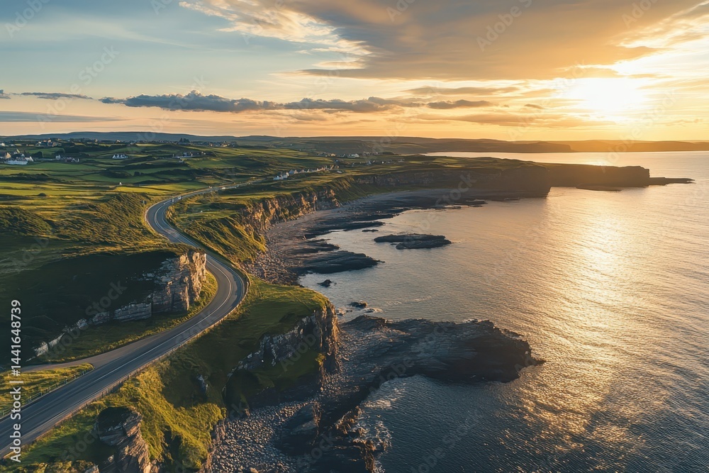 aerial shot of a scenic coastal road at sunset the ocean sparkling under the golden light realistic