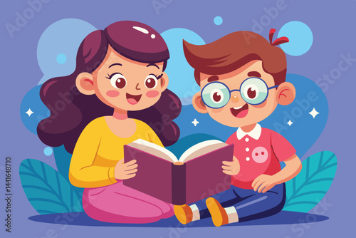 A girl and a boy sit closely, smiling as they read a book together. The colorful background adds a playful touch to their joyful learning experience.