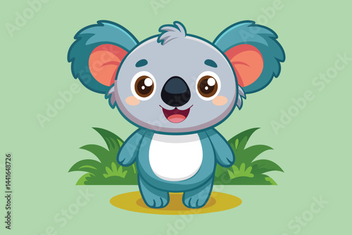 A cheerful cartoon koala stands on a patch of grass, smiling brightly with large eyes and fluffy ears, surrounded by a vibrant green backdrop.