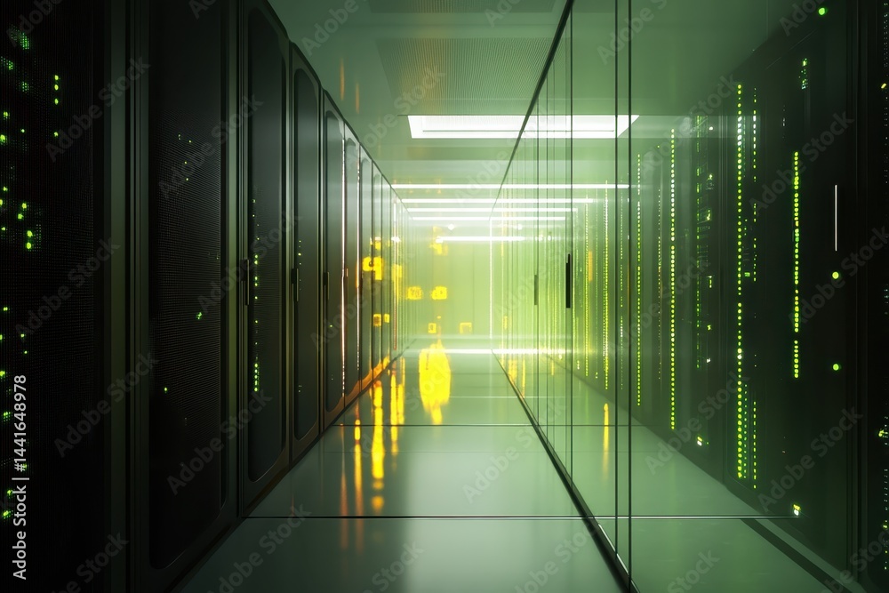 digital information flows through the network and data servers behind glass panels in the server