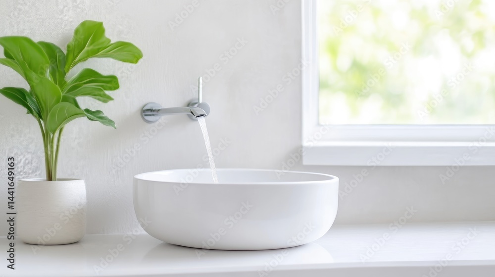 Fototapeta premium Modern white ceramic vessel sink with running water from a chrome faucet in a minimalist bathroom interior next to a green potted plant.