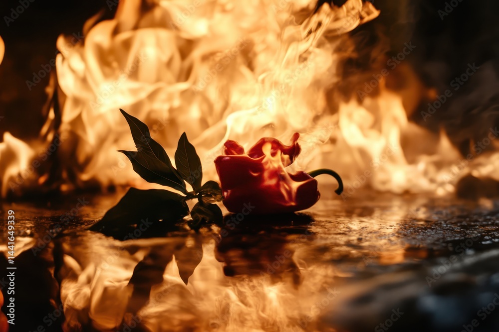 red chili pepper, on a background of burning fire, flames on a black background