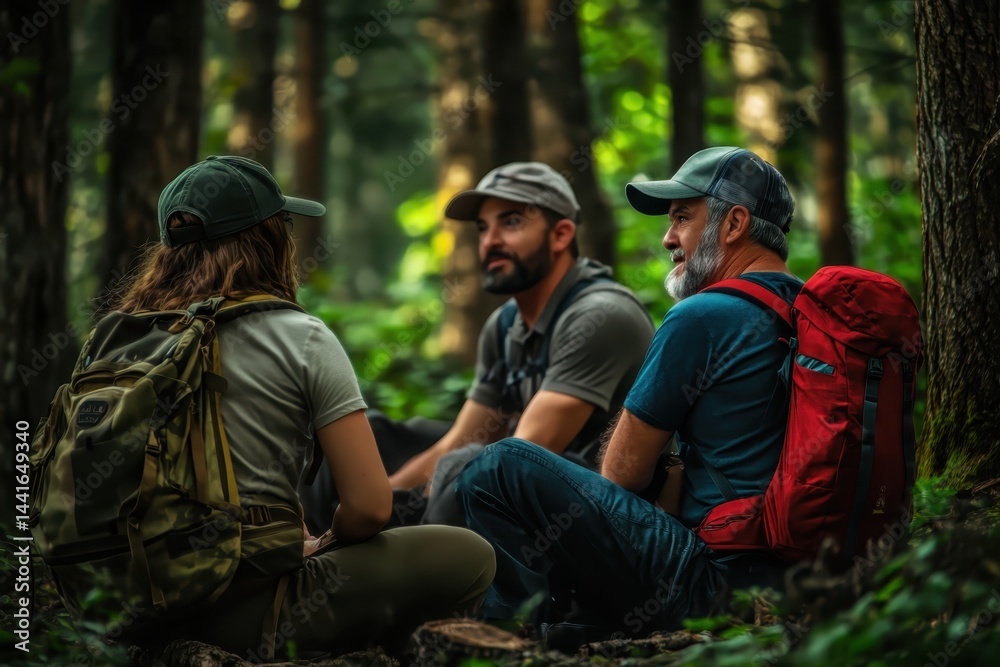 People sitting and talking in the deep forest