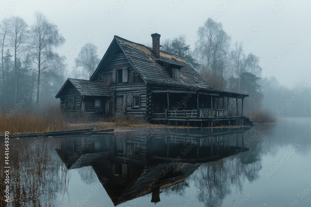 Scary wooden house by the lake