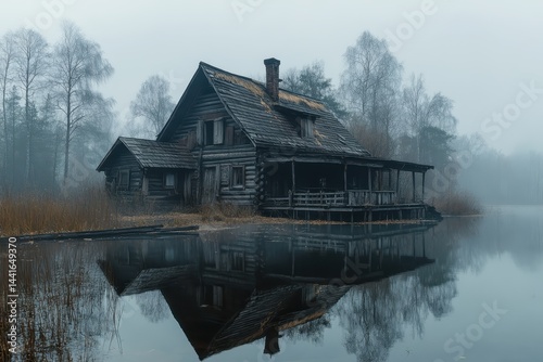 Obraz na płótnie Scary wooden house by the lake w salonie