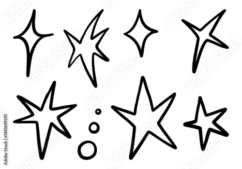 Hand Drawn Sparkle and Starburst Icon.A set of 8 abstract black line sparkles and stars including diamond glows, starbursts, twisted flares, and decorative dots in a playful hand drawn style