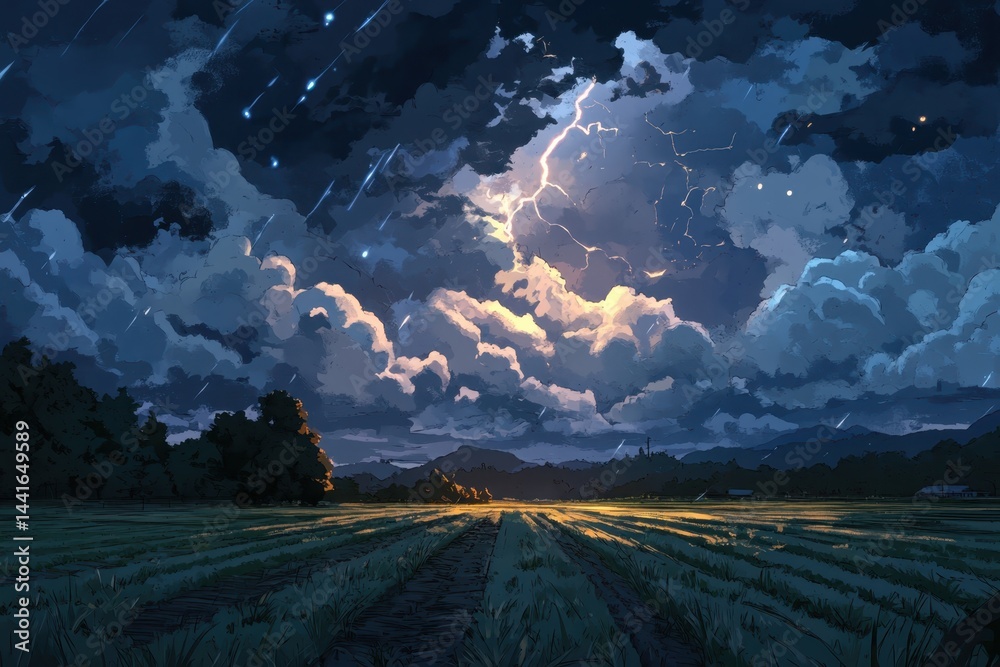 Stormy sky with lightning bolt illuminating dark clouds over field