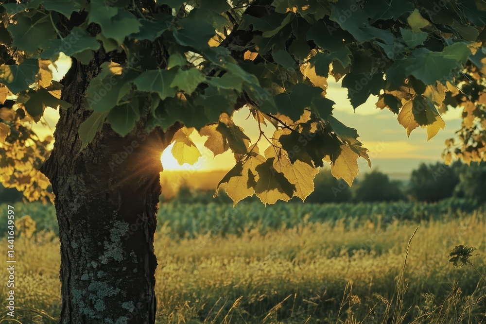 Sycamore tree in summer field at sunset