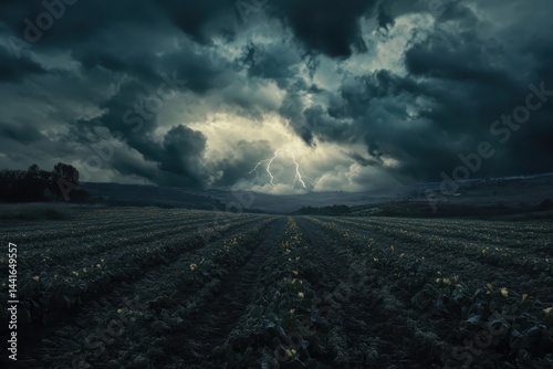 Stormy sky with lightning bolt illuminating dark clouds over field